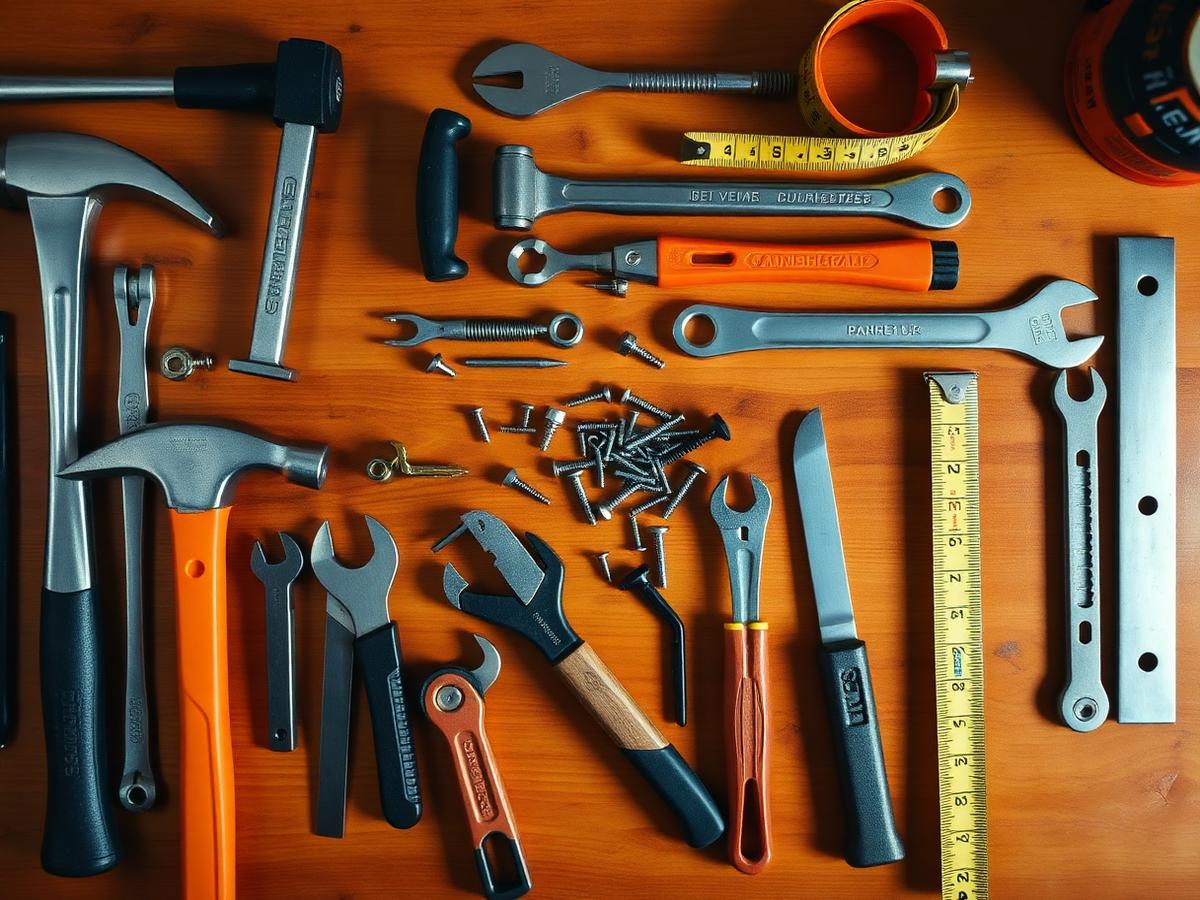 Herramientas de ferretería sobre mesa de trabajo